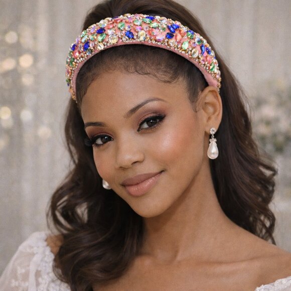 Crystal Statement Pink Headband | Multicolor Gem Glam Hair Accessory main image 4